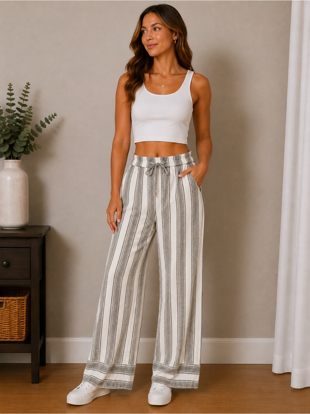100% Cotton Angie Wide-Leg Striped Pants in White and Gray